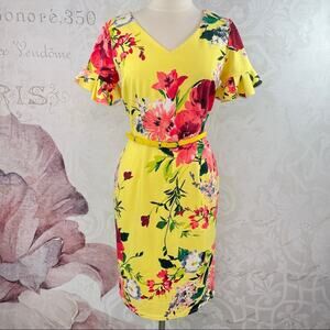 New York & Company Yellow Floral Dress Bell Sleeves Medium